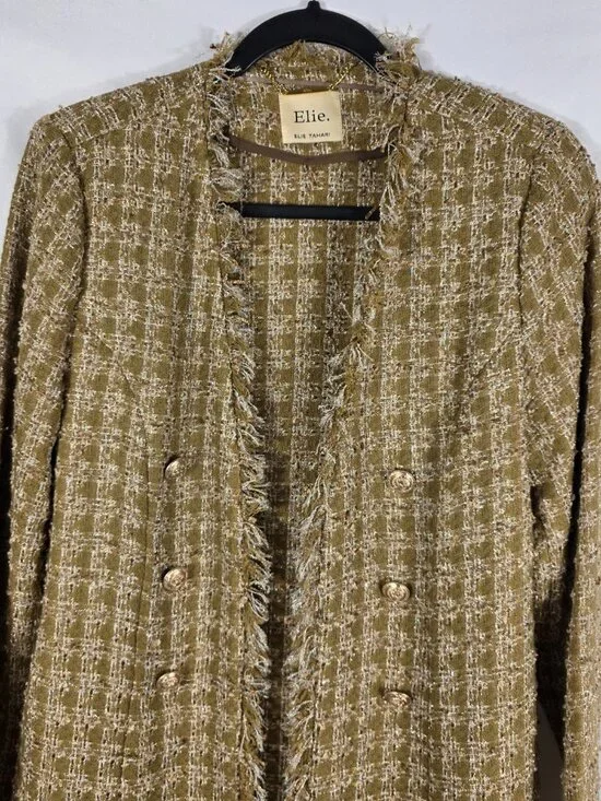 Elie Tahari Sparkle Desert Plaid Tweed Long Blazer Size Medium Ivory & Tan Plaid - Picture 2 of 12